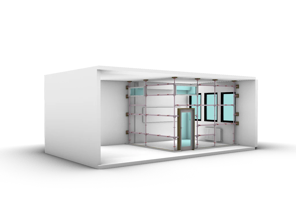 Isometric render of a room setup using the Mellow Wall system, illustrating a freestanding partition structure with framed windows and a door.