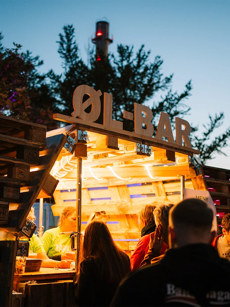 Festival bar built from upcycled pallets, glowing under warm lights, with people gathered to order drinks in the evening atmosphere.